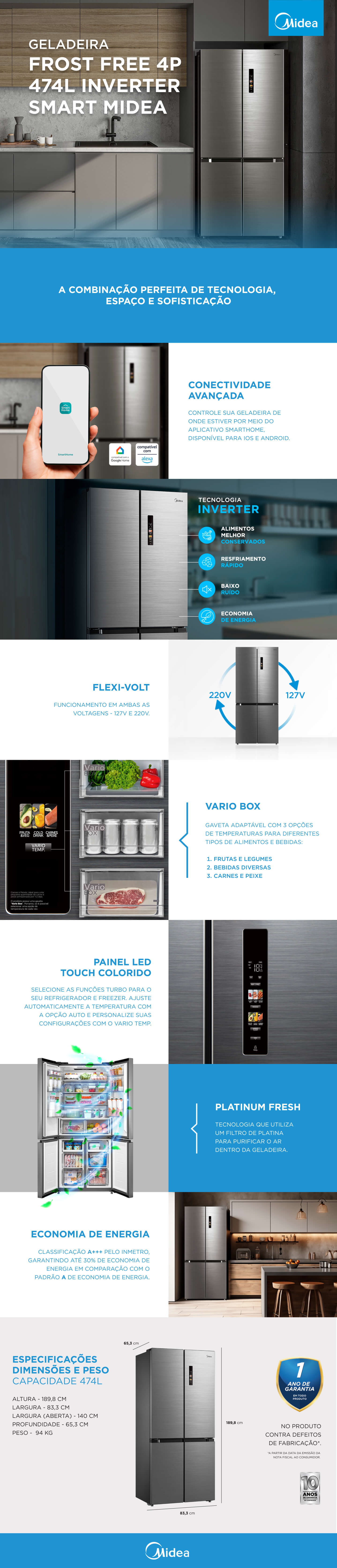 Geladeira Midea Frost Free 474L Inverter Smart Inox MD-RF691FGD463 Geladeira Midea Frost Free 474L Inverter Smart Inox MD-RF691FGD463