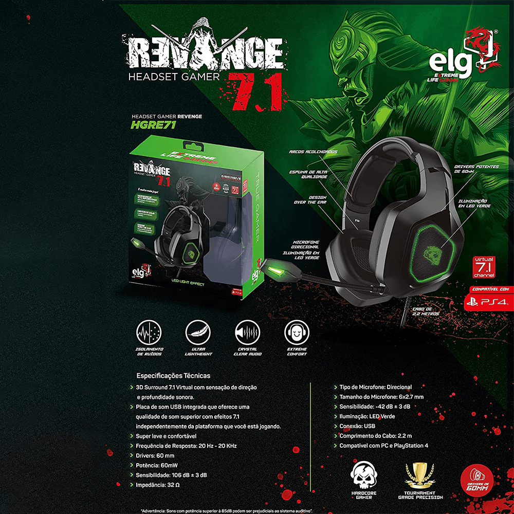 Headset Gamer ELG Revenge 7.1 3D Surround Com Microfone HGRE71